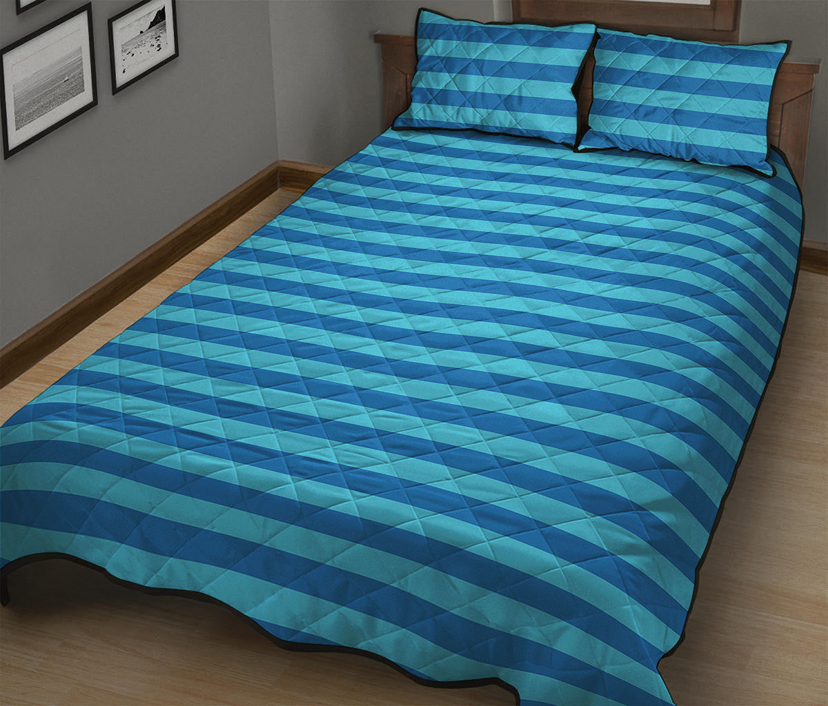 Blue Striped Pattern Print Quilt Bed Set