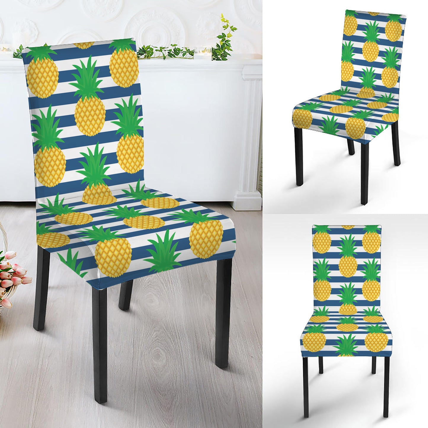 Blue Striped Pineapple Pattern Print Dining Chair Slipcover