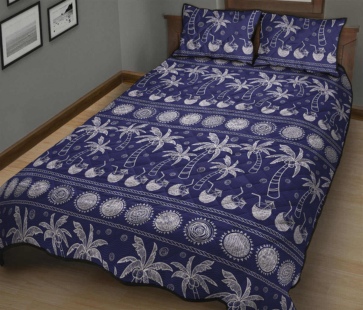 Blue Summer Coconut Pattern Print Quilt Bed Set