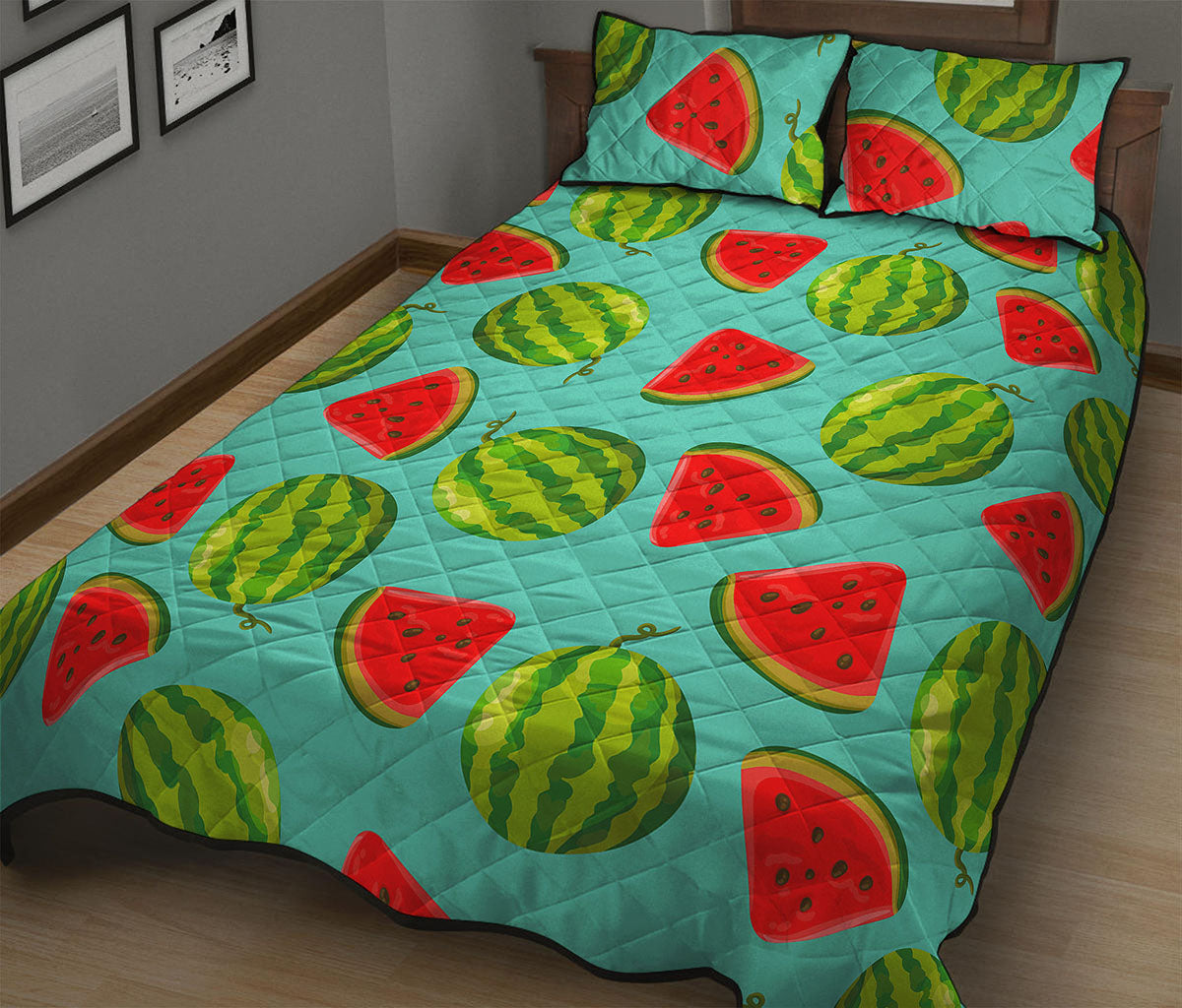 Blue Summer Watermelon Pattern Print Quilt Bed Set