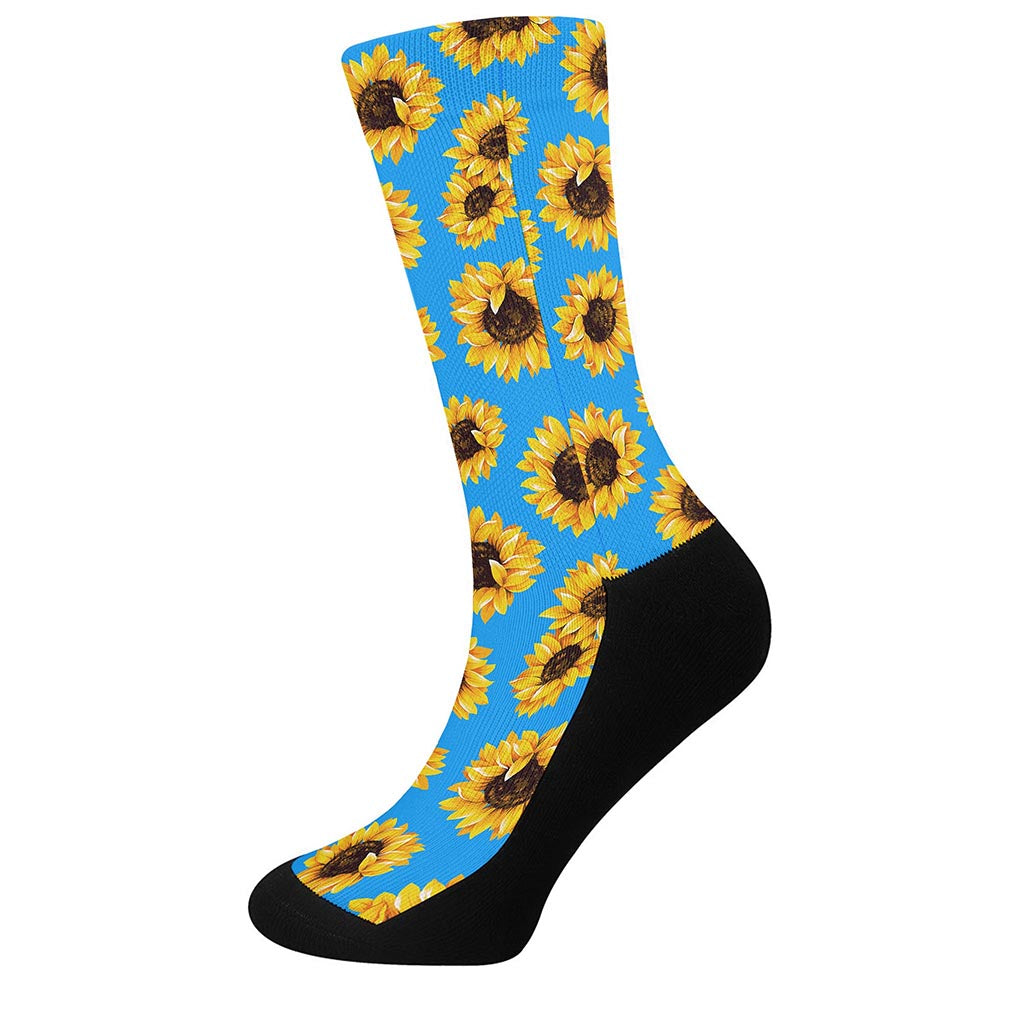 Blue Sunflower Pattern Print Crew Socks