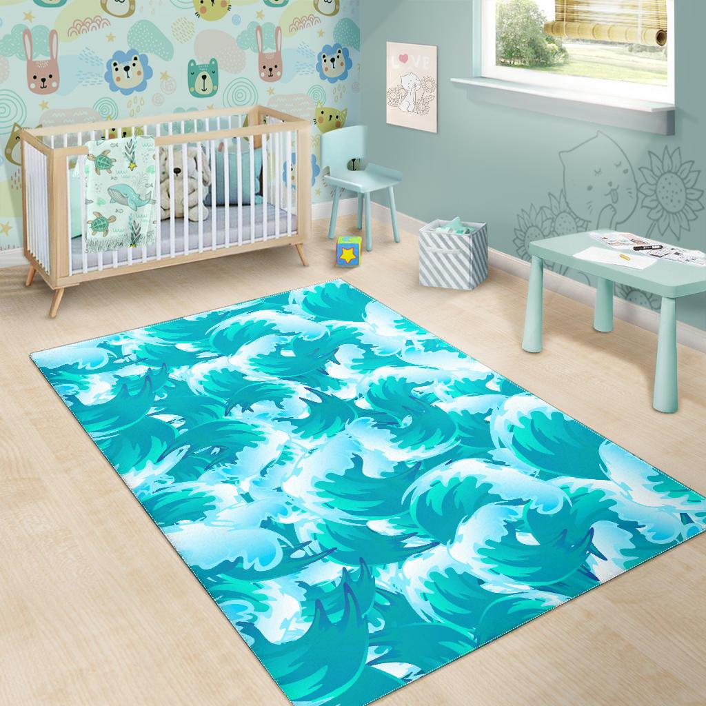 Blue Surfing Wave Pattern Print Area Rug GearFrost