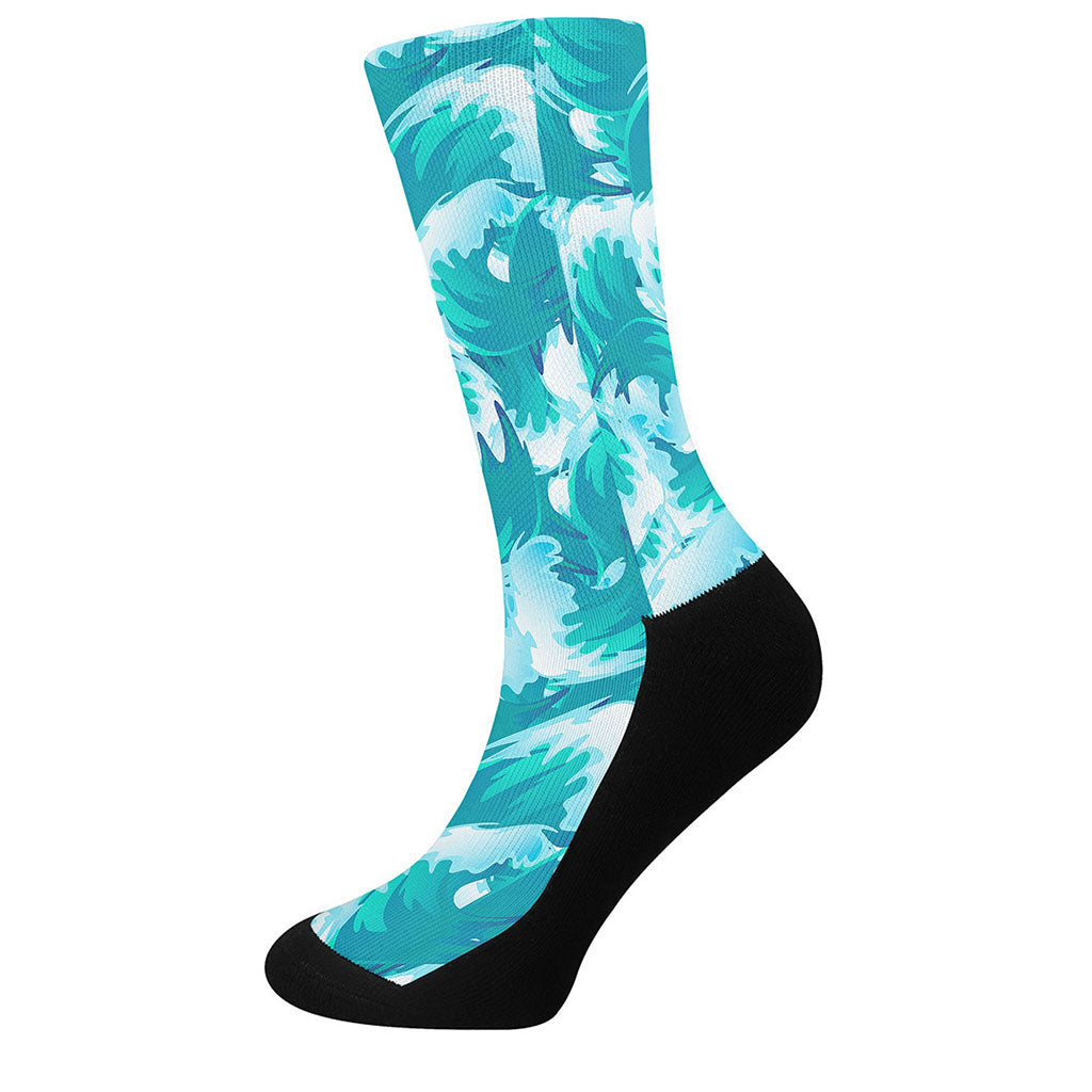 Blue Surfing Wave Pattern Print Crew Socks