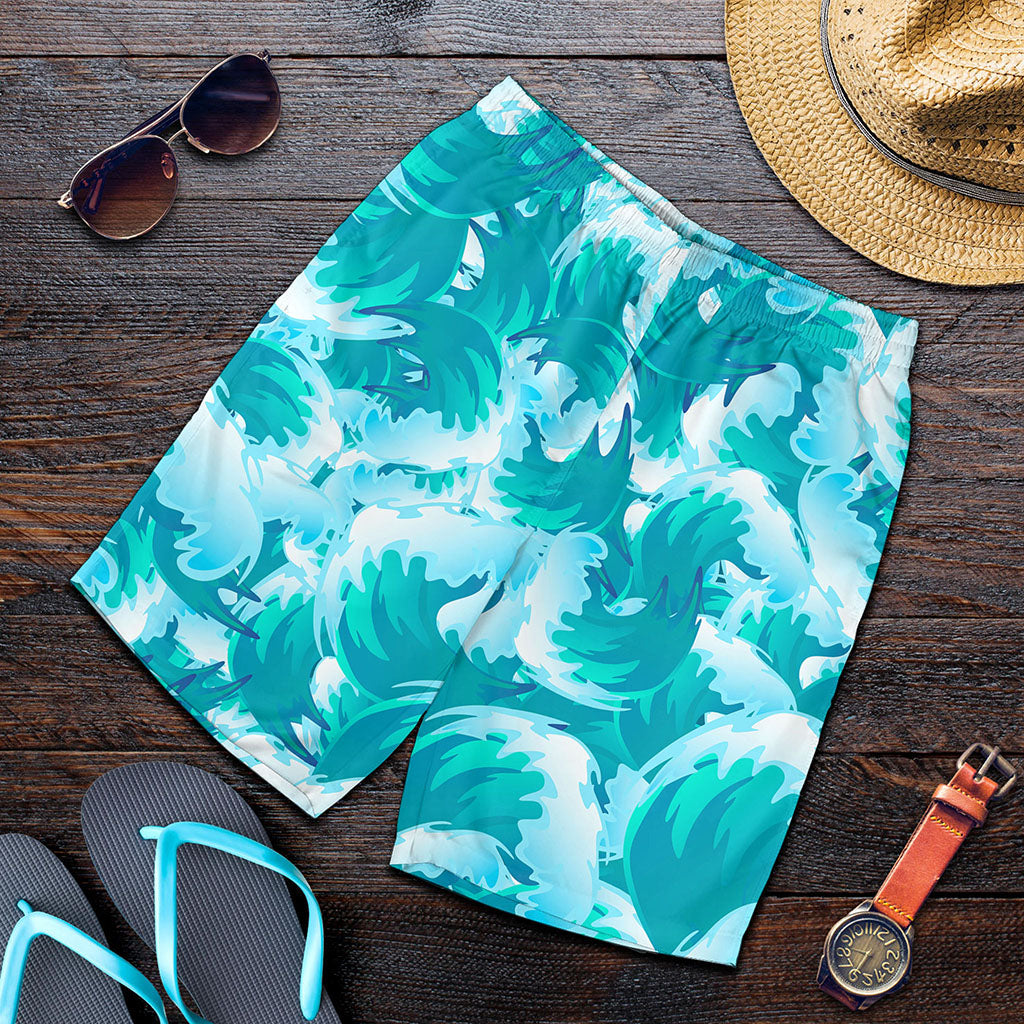 Blue Surfing Wave Pattern Print Men's Shorts