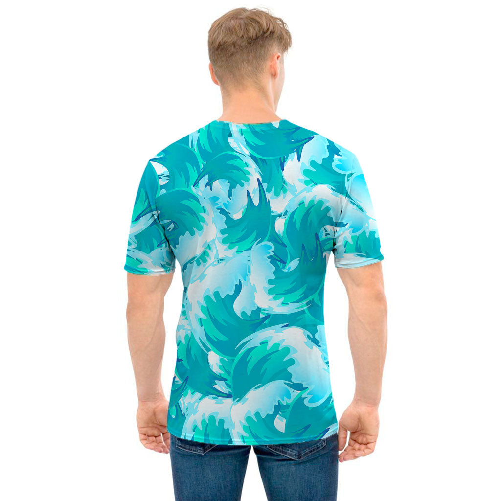 Blue Surfing Wave Pattern Print Men's T-Shirt