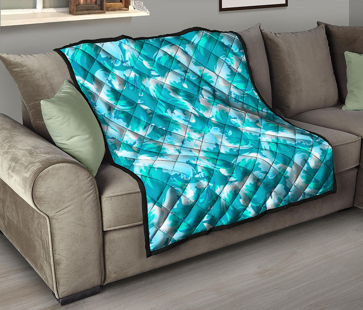 Blue Surfing Wave Pattern Print Quilt