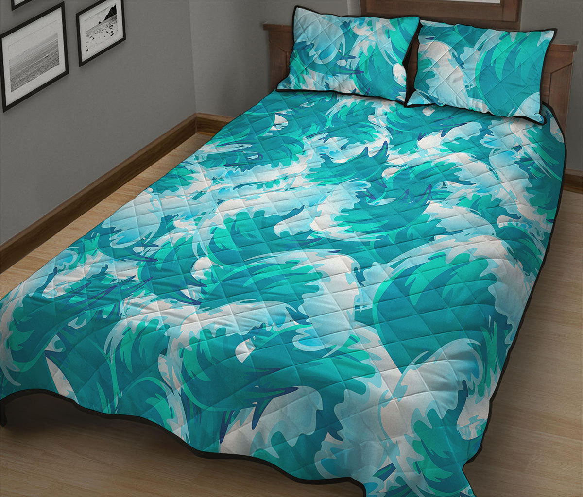 Blue Surfing Wave Pattern Print Quilt Bed Set