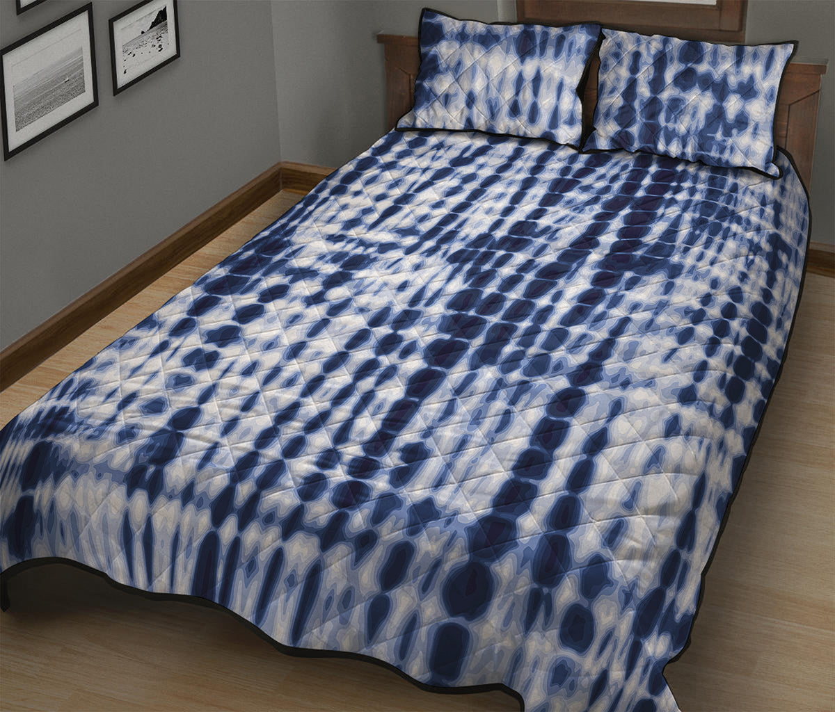 Blue Tie Dye Shibori Print Quilt Bed Set
