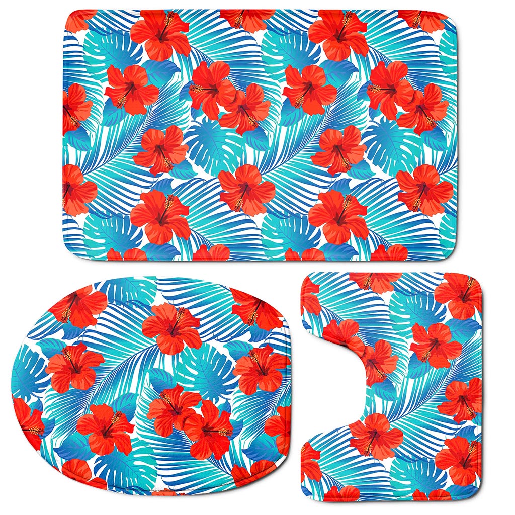 Blue Tropical Hibiscus Pattern Print 3 Piece Bath Mat Set