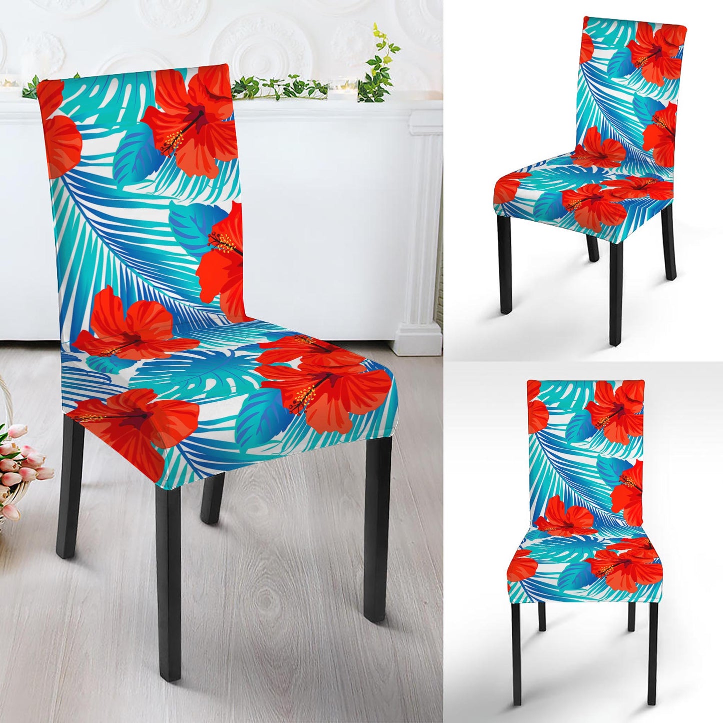 Blue Tropical Hibiscus Pattern Print Dining Chair Slipcover