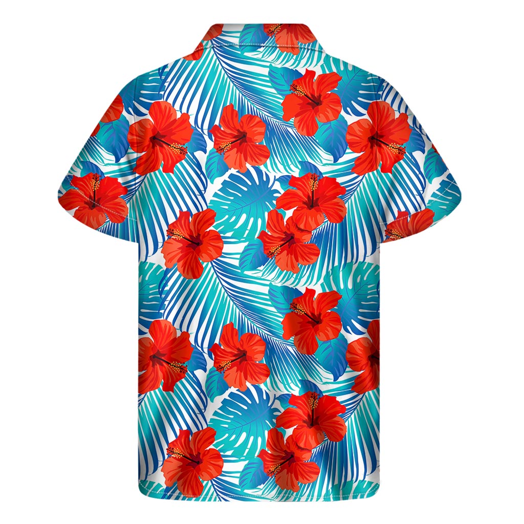 Blue Tropical Hibiscus Pattern Print Men's Short Sleeve Shirt