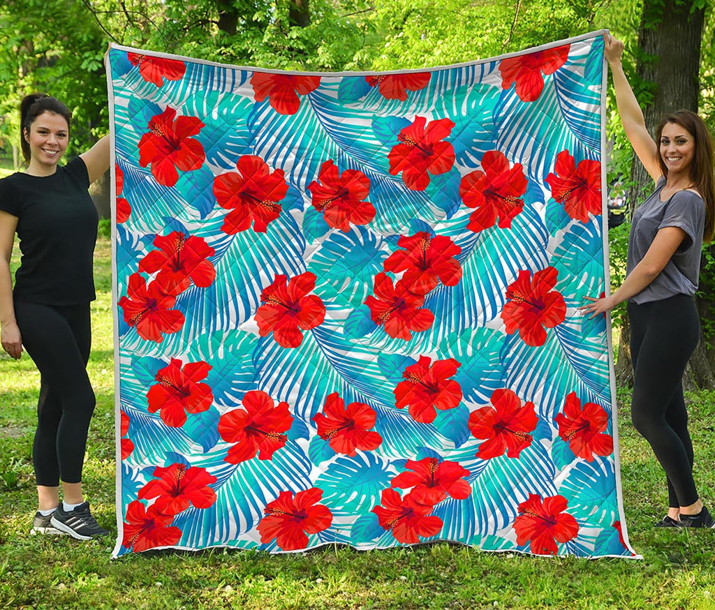 Blue Tropical Hibiscus Pattern Print Quilt