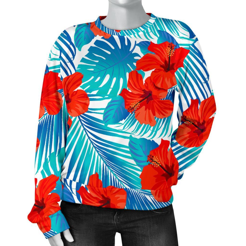 Blue Tropical Hibiscus Pattern Print Women's Crewneck Sweatshirt GearFrost