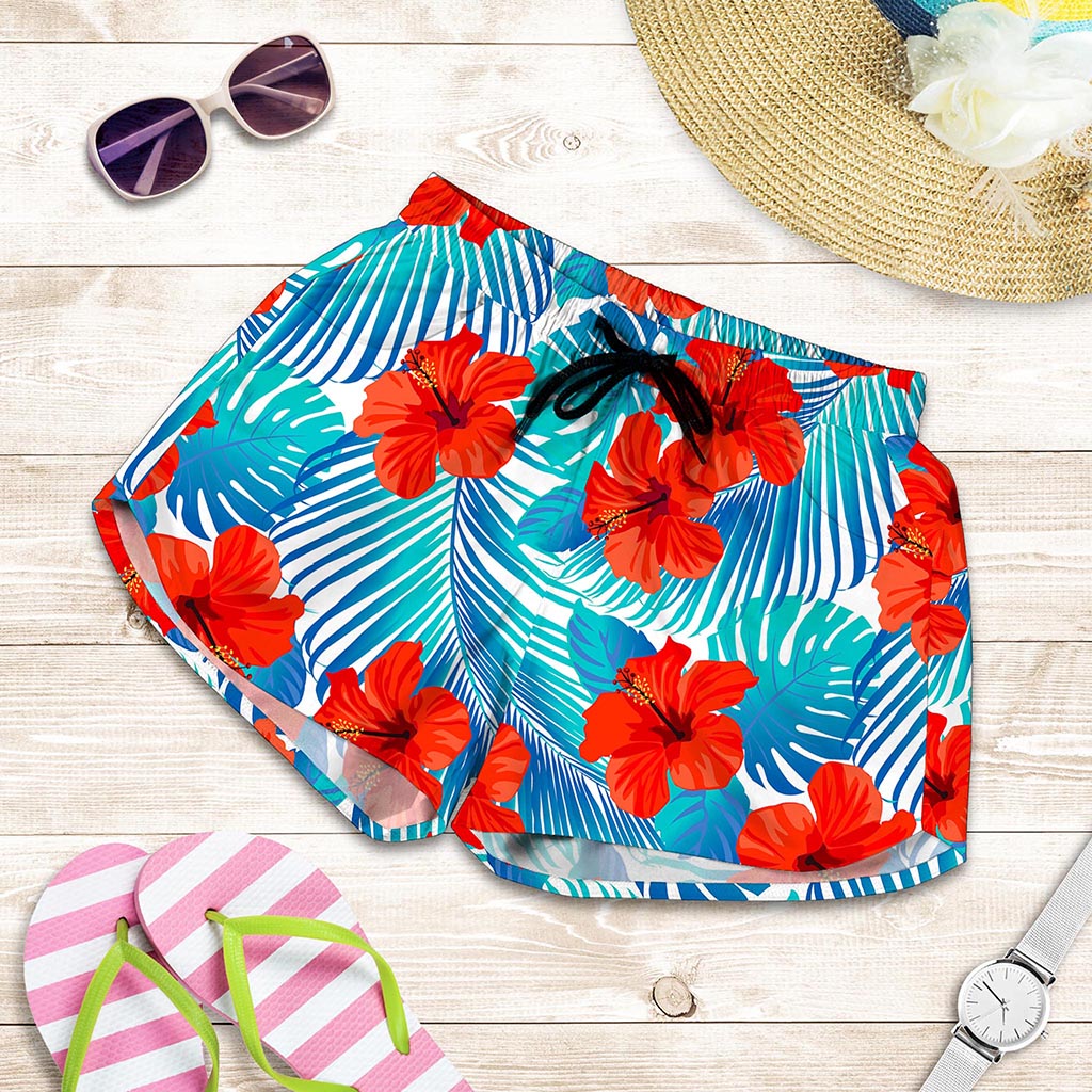 Blue Tropical Hibiscus Pattern Print Women's Shorts