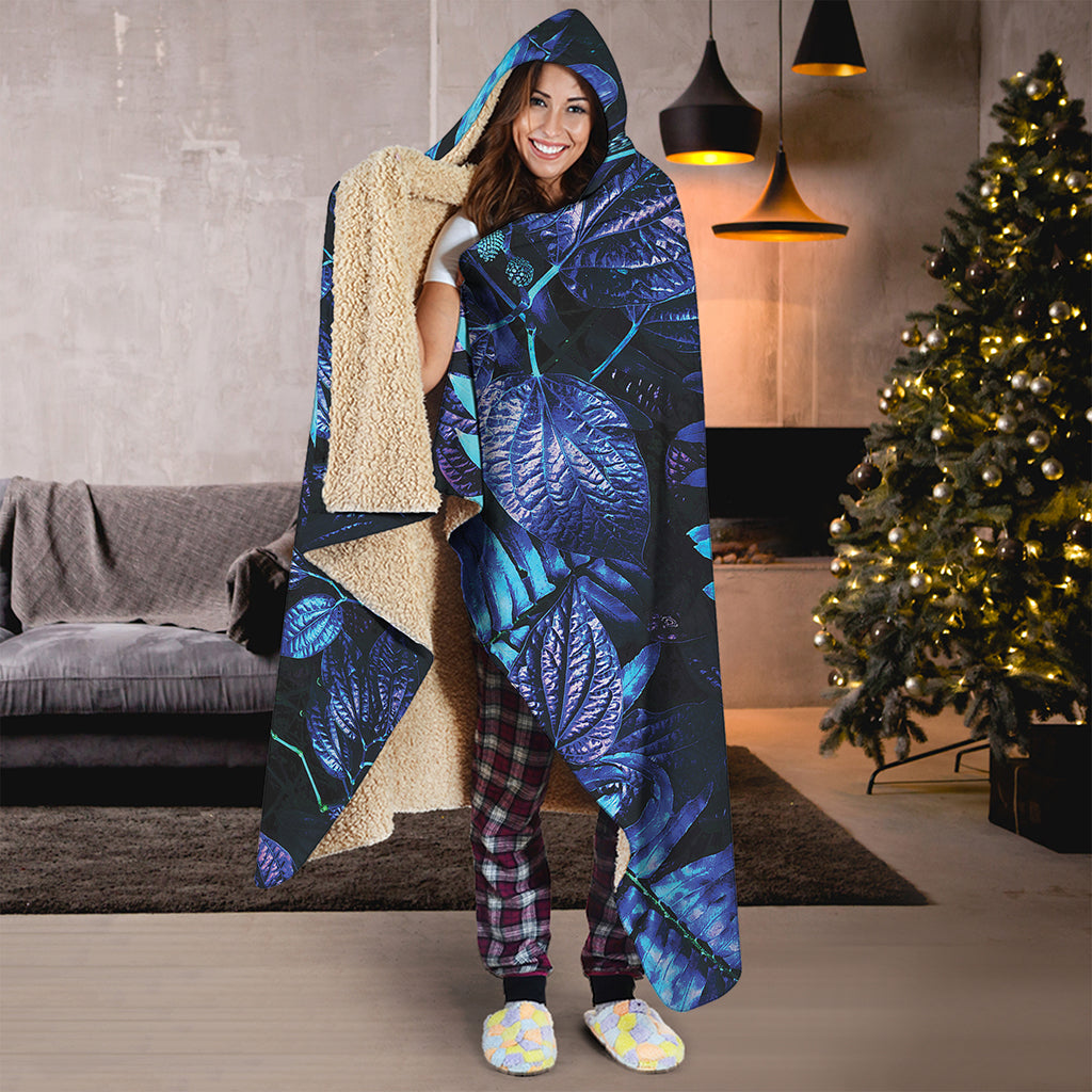 Blue Tropical Leaves Print Hooded Blanket