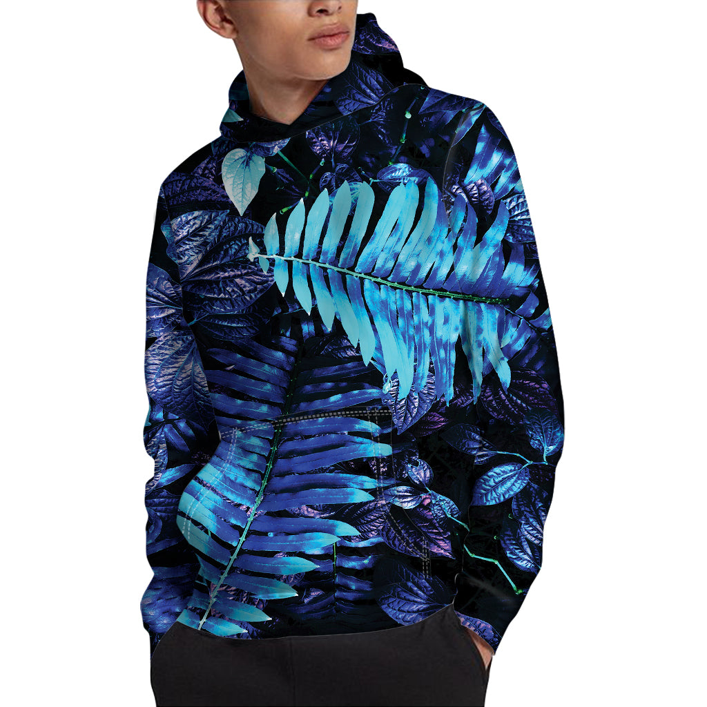Blue Tropical Leaves Print Pullover Hoodie