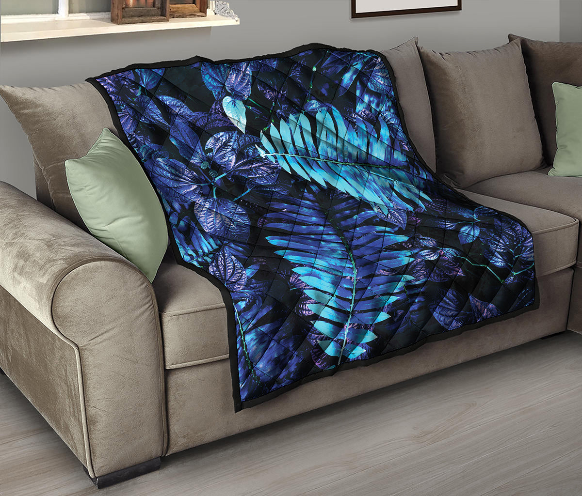 Blue Tropical Leaves Print Quilt