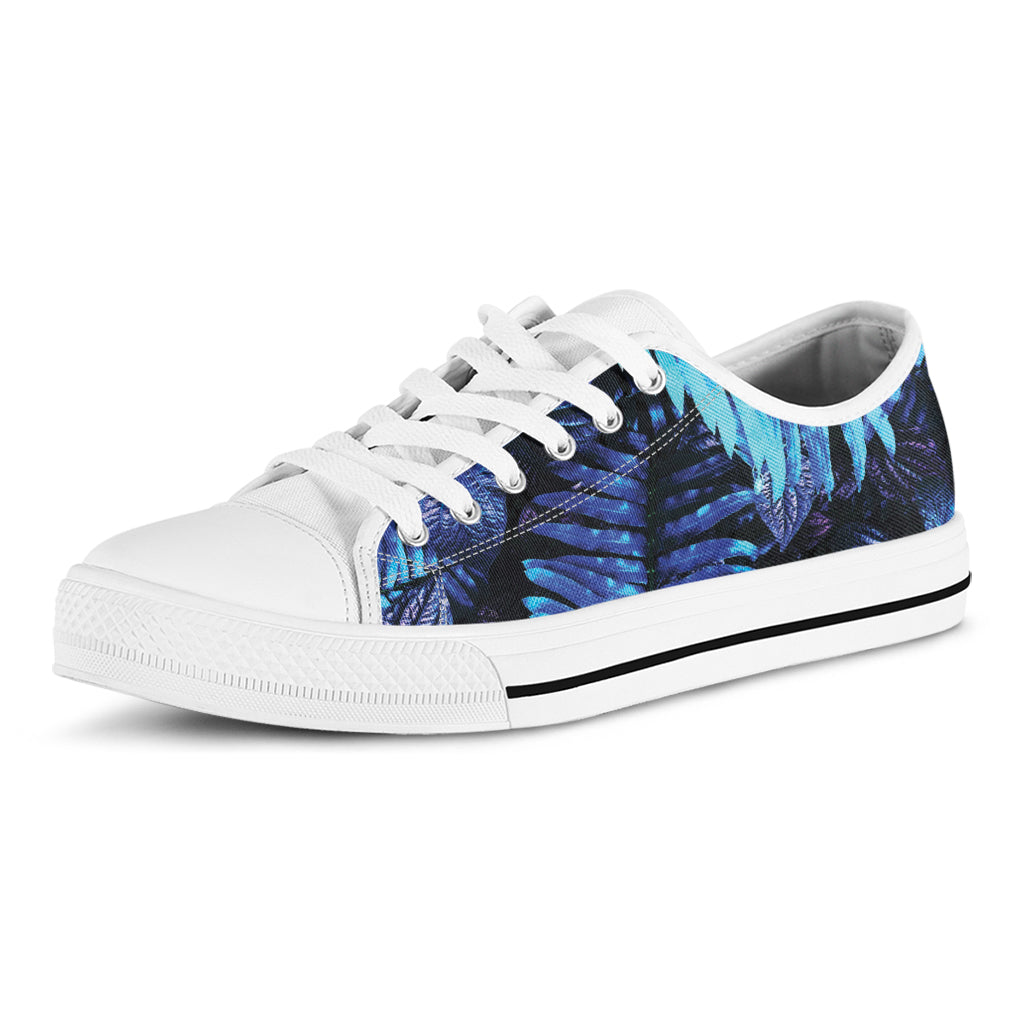 Blue Tropical Leaves Print White Low Top Shoes