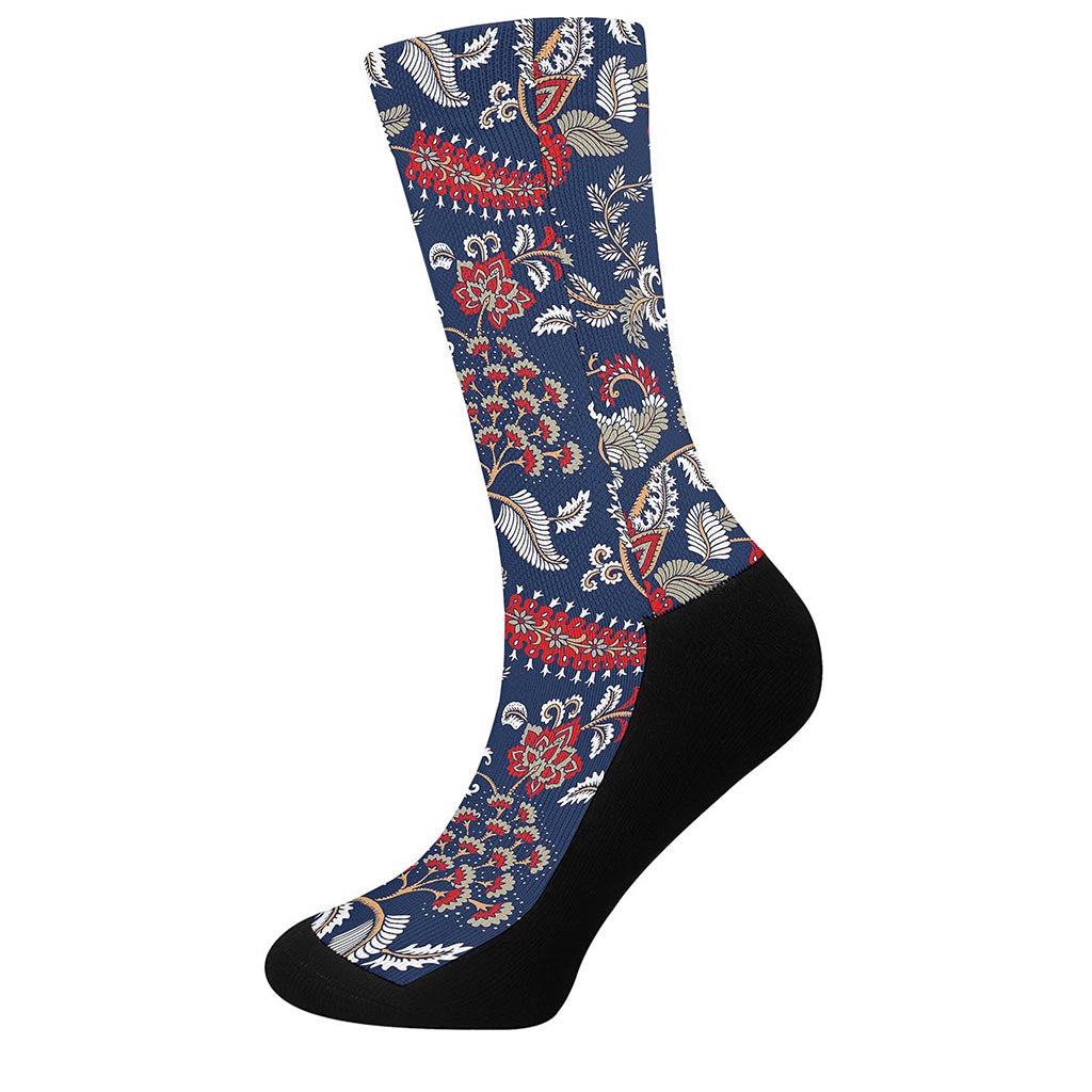 Blue Vintage Bohemian Floral Print Crew Socks