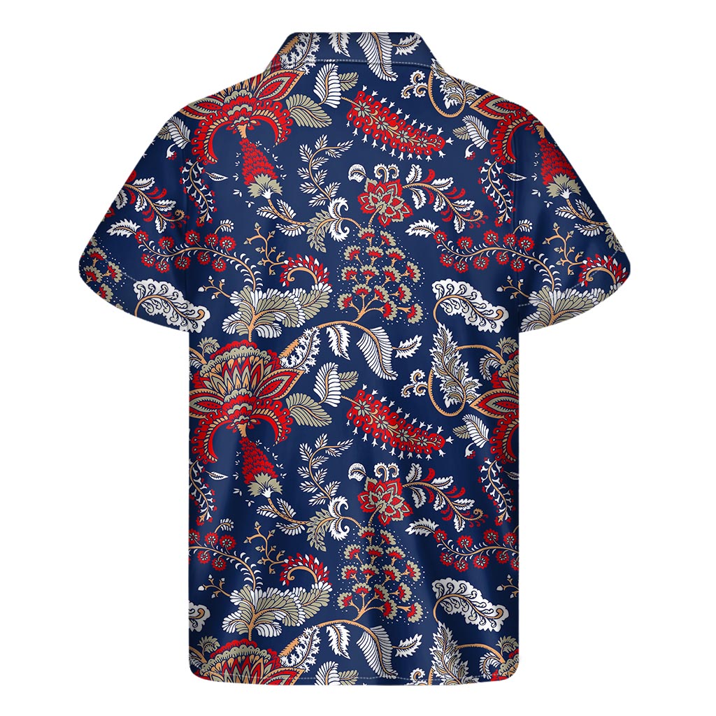 Blue Vintage Bohemian Floral Print Men's Short Sleeve Shirt