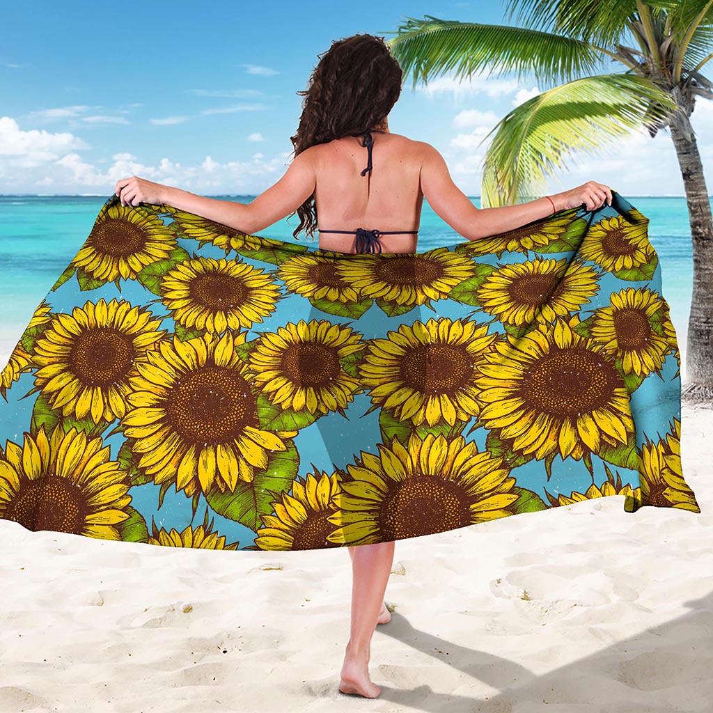 Blue Vintage Sunflower Pattern Print Beach Sarong Wrap
