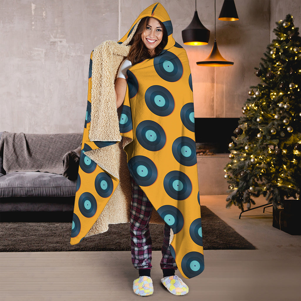 Blue Vinyl Record Pattern Print Hooded Blanket