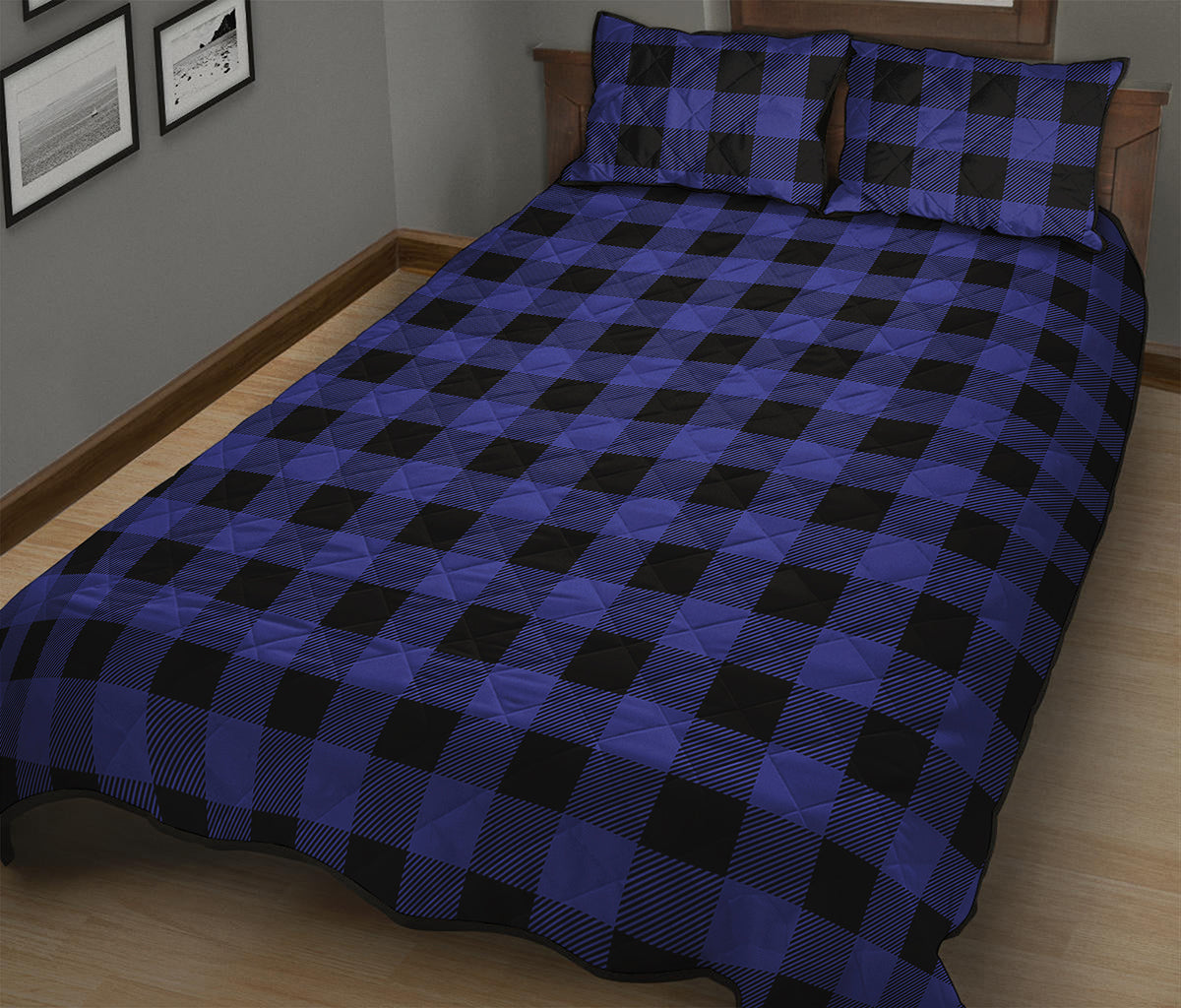 Blue Violet And Black Buffalo Check Print Quilt Bed Set