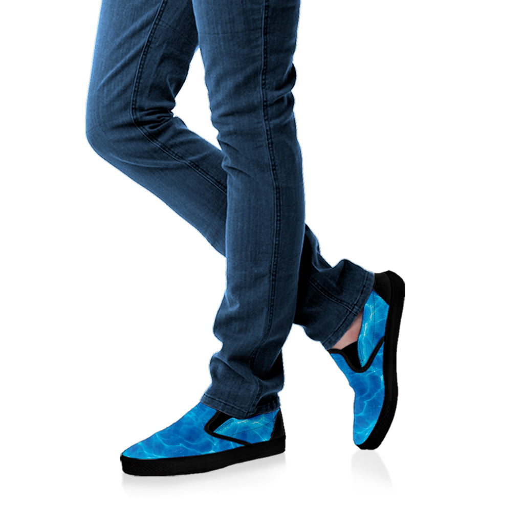 Blue Water Surface Print Black Slip On Shoes