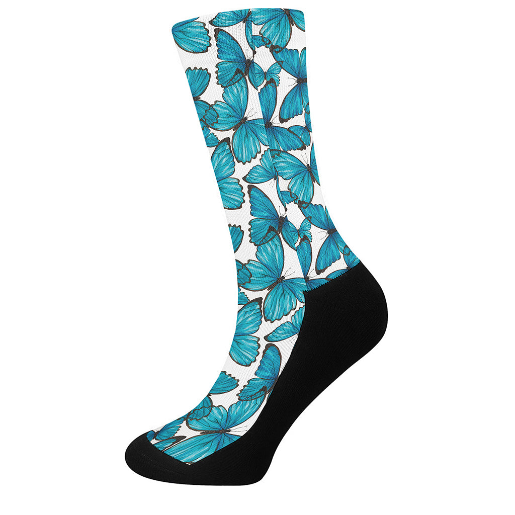 Blue Watercolor Butterfly Pattern Print Crew Socks