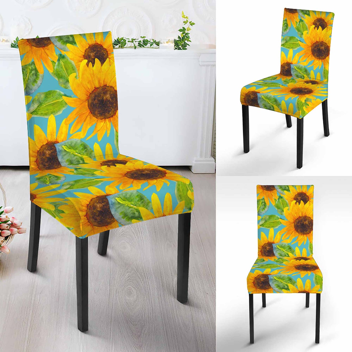 Blue Watercolor Sunflower Pattern Print Dining Chair Slipcover