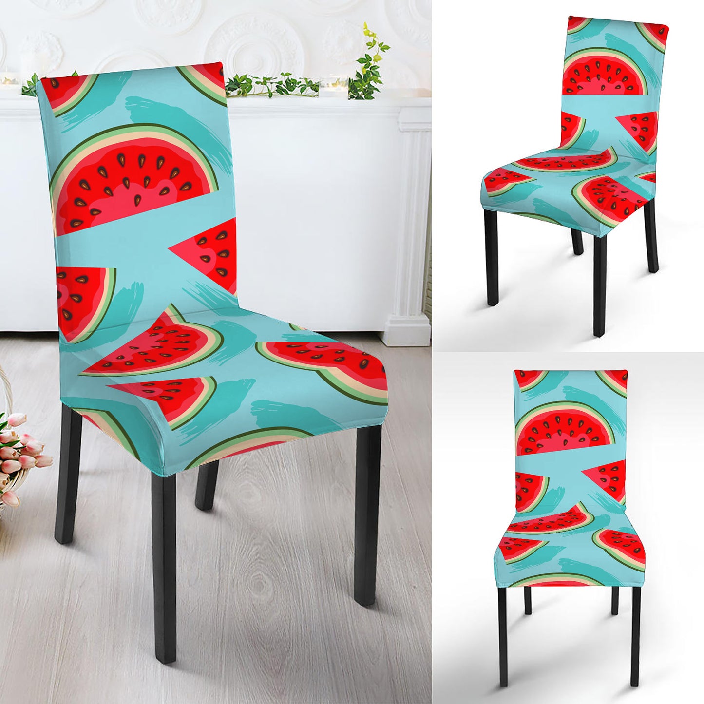 Blue Watermelon Pieces Pattern Print Dining Chair Slipcover