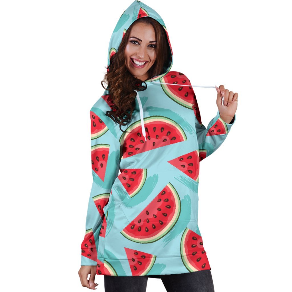 Blue Watermelon Pieces Pattern Print Hoodie Dress GearFrost
