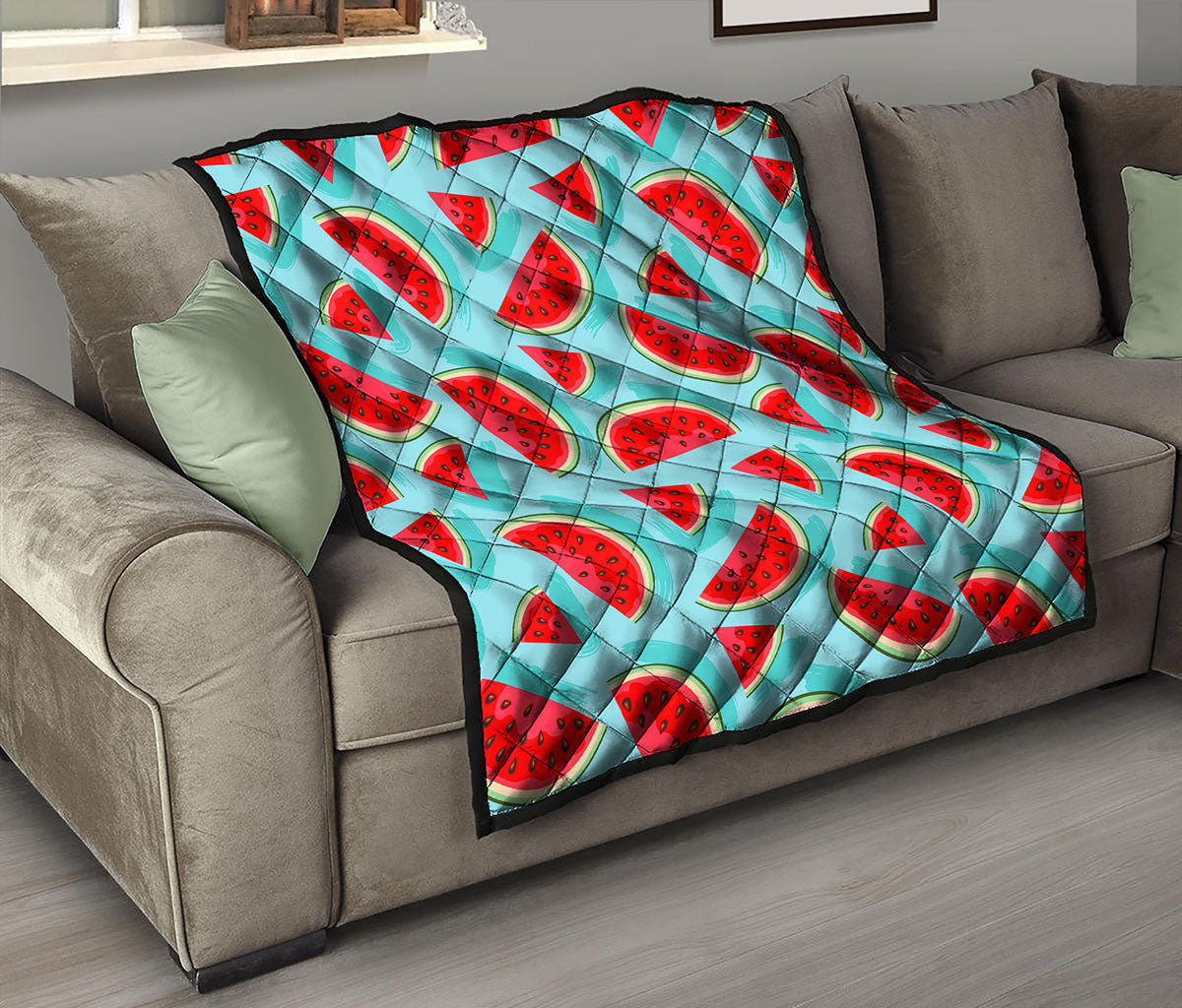 Blue Watermelon Pieces Pattern Print Quilt