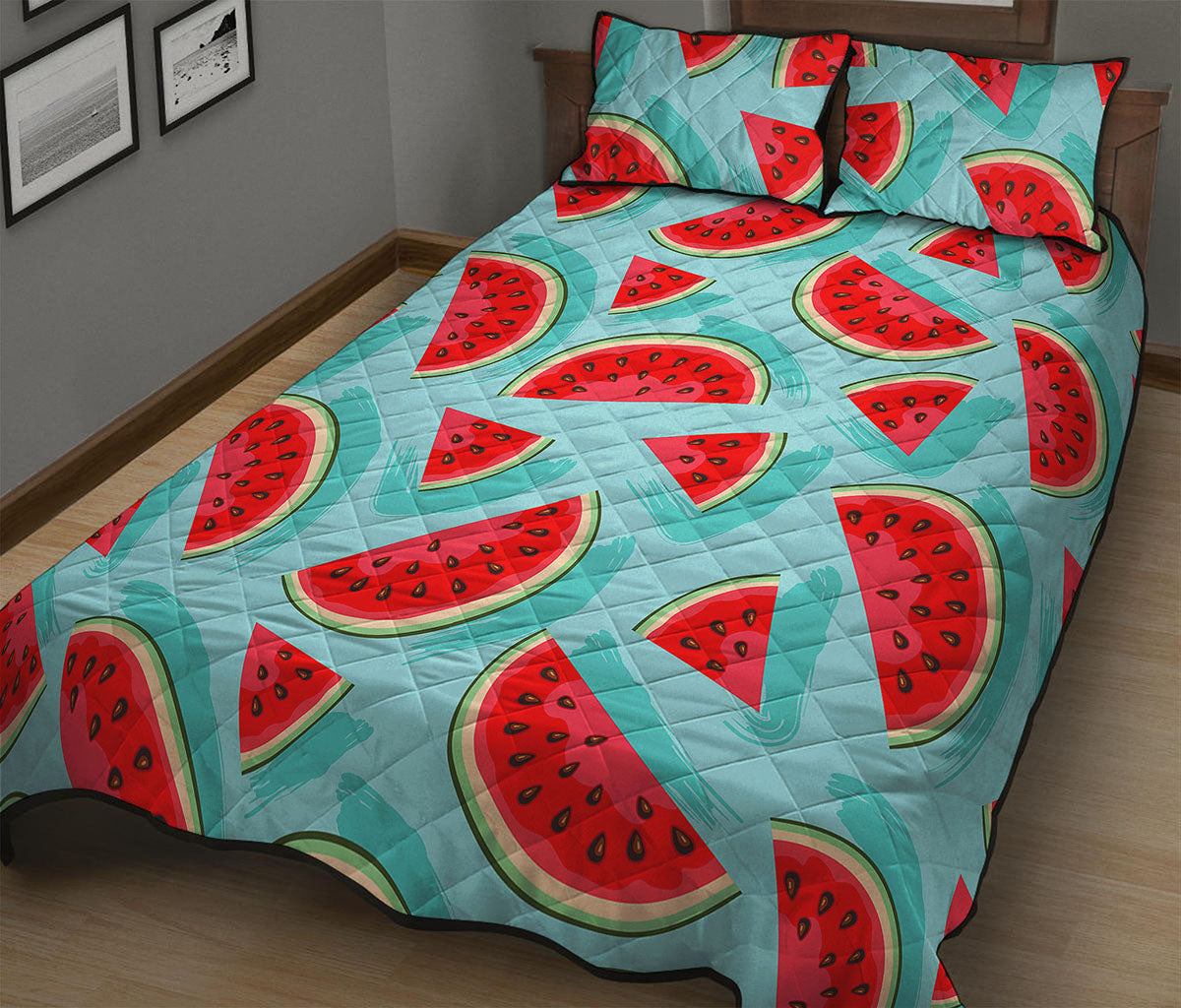 Blue Watermelon Pieces Pattern Print Quilt Bed Set