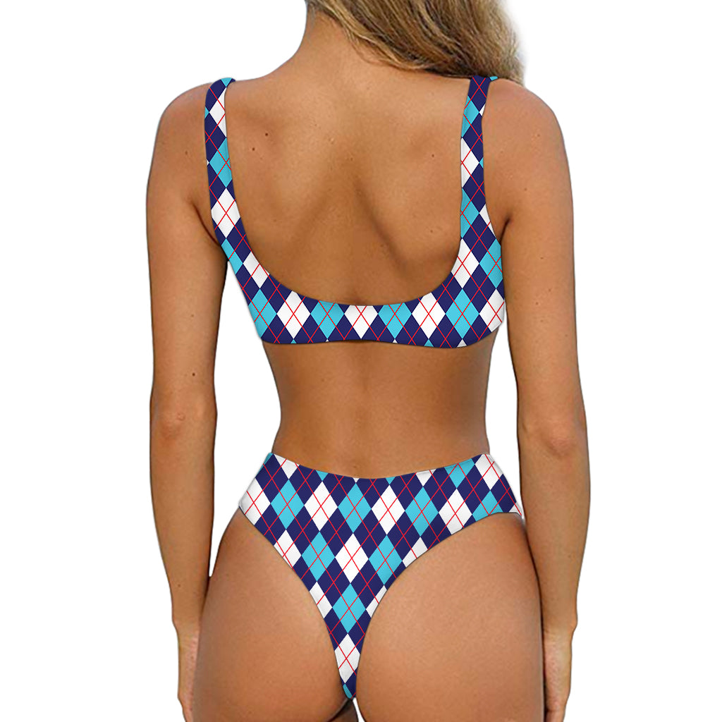 Blue White And Red Argyle Pattern Print Front Bow Tie Bikini