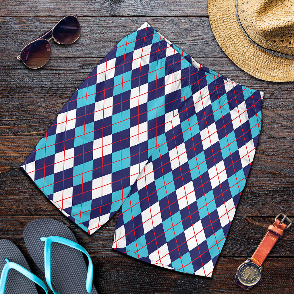 Blue White And Red Argyle Pattern Print Men's Shorts