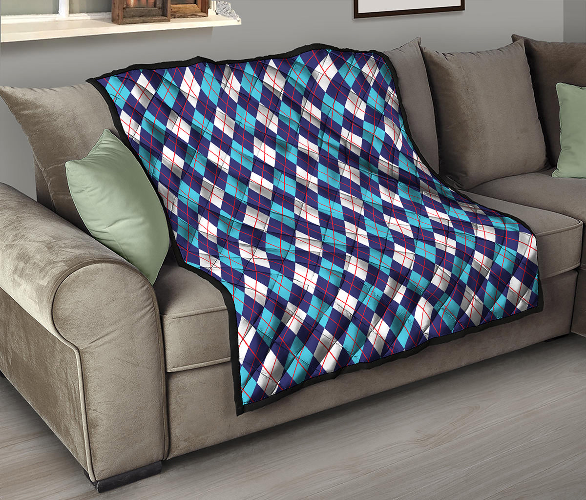 Blue White And Red Argyle Pattern Print Quilt