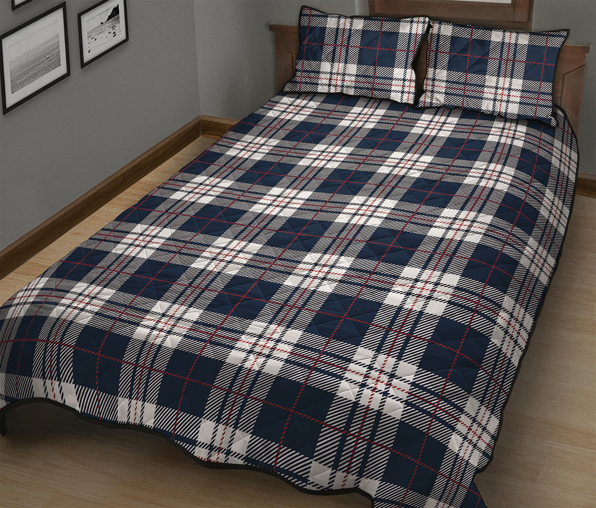 Blue White And Red Tartan Pattern Print Quilt Bed Set