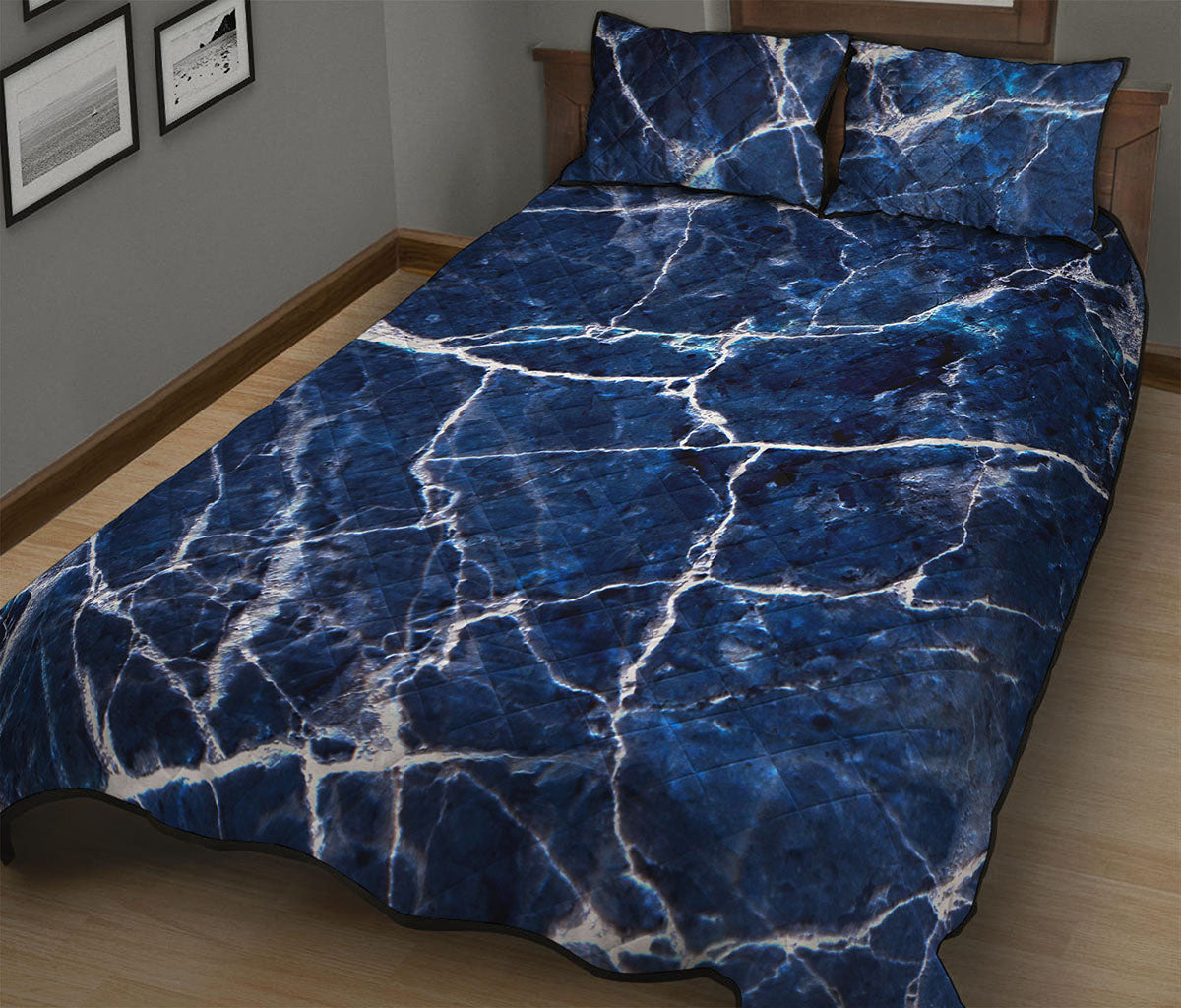 Blue White Marble Print Quilt Bed Set