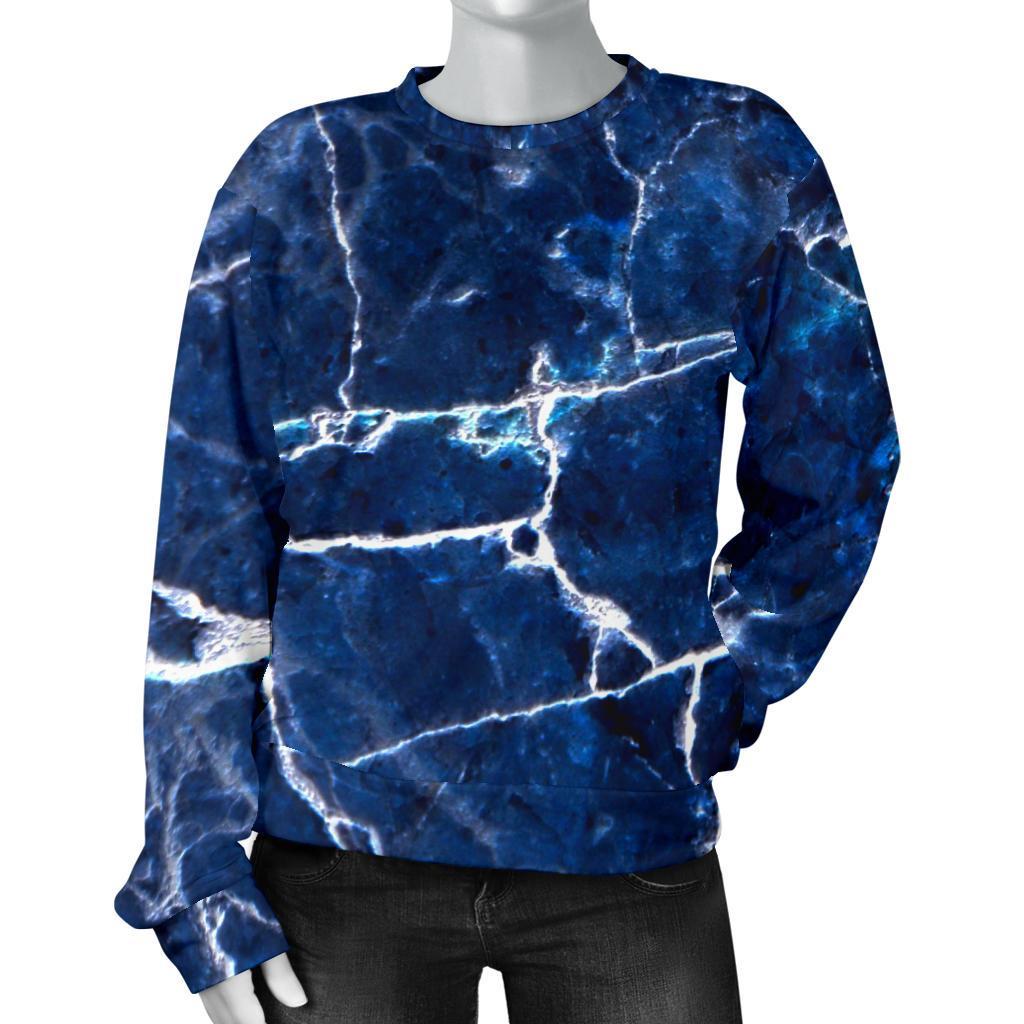 Blue White Marble Print Women's Crewneck Sweatshirt GearFrost