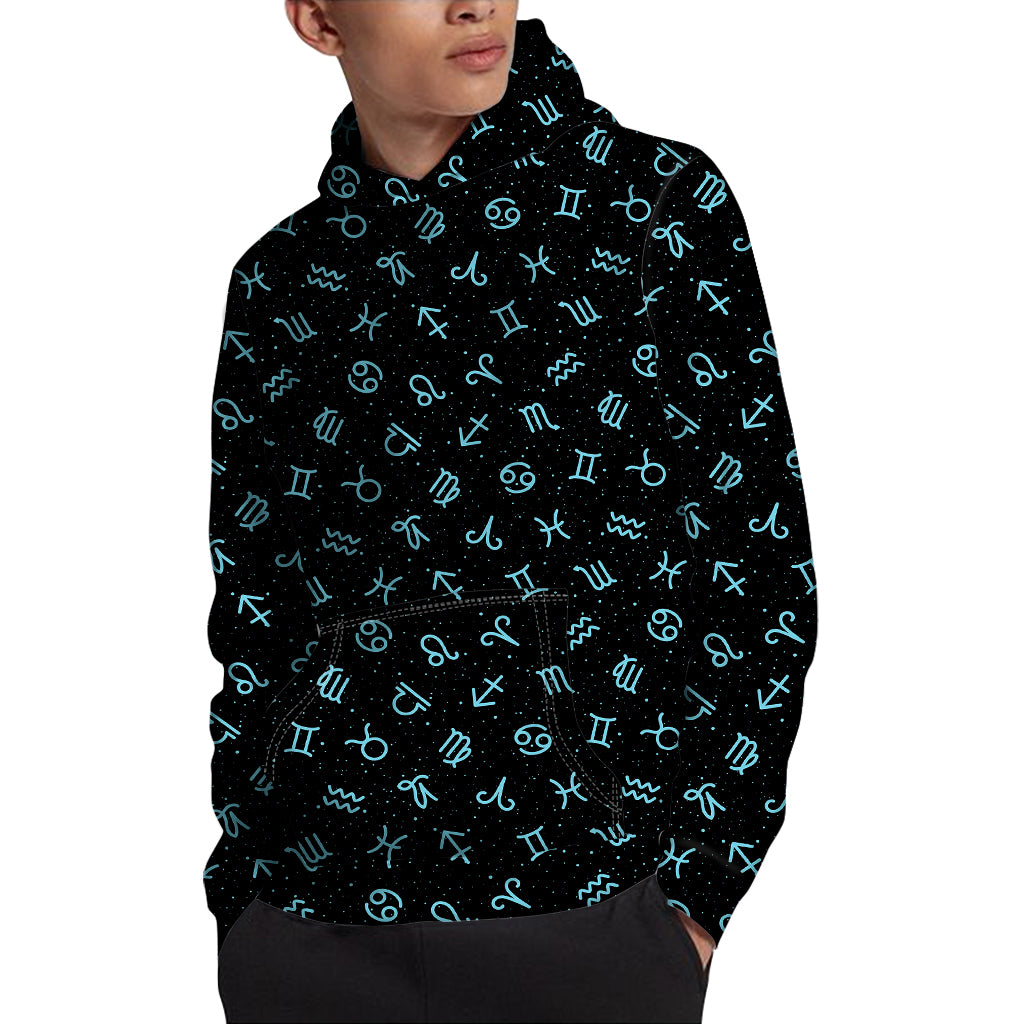 Blue Zodiac Symbols Pattern Print Pullover Hoodie