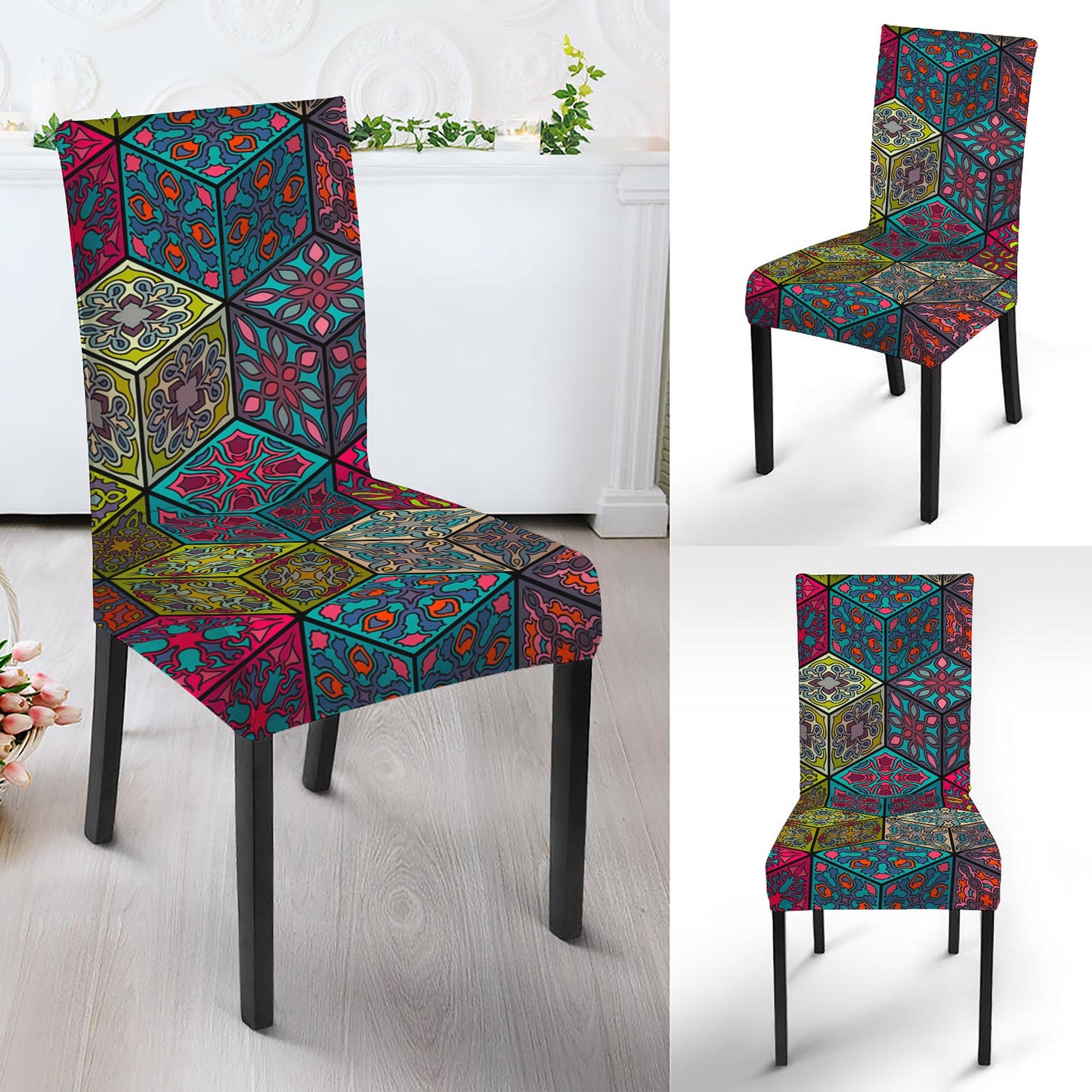 Bohemian Indian Box Pattern Print Dining Chair Slipcover