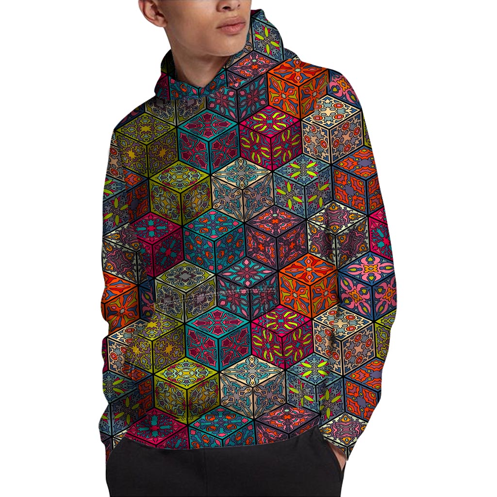 Bohemian Indian Box Pattern Print Pullover Hoodie