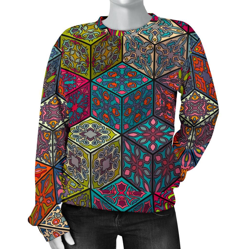 Bohemian Indian Box Pattern Print Women's Crewneck Sweatshirt GearFrost