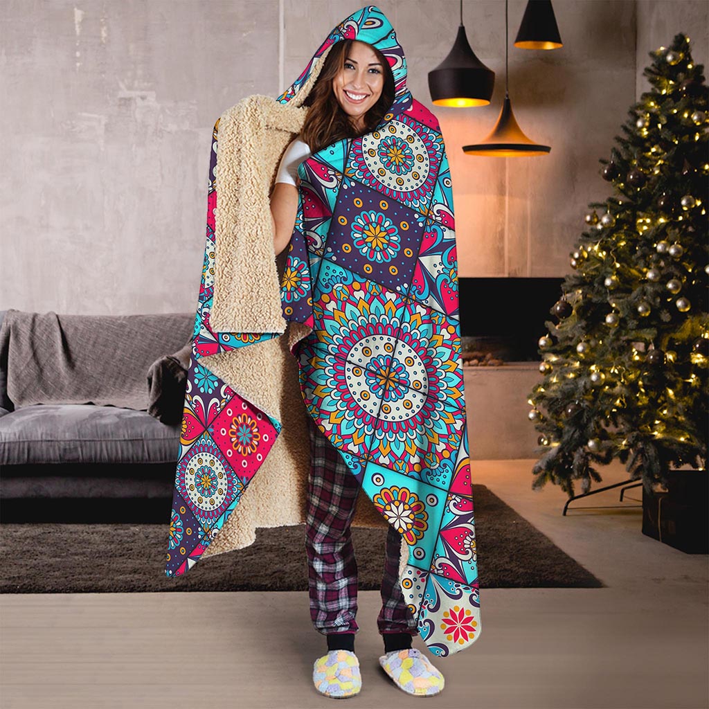 Bohemian Indian Mandala Patchwork Print Hooded Blanket