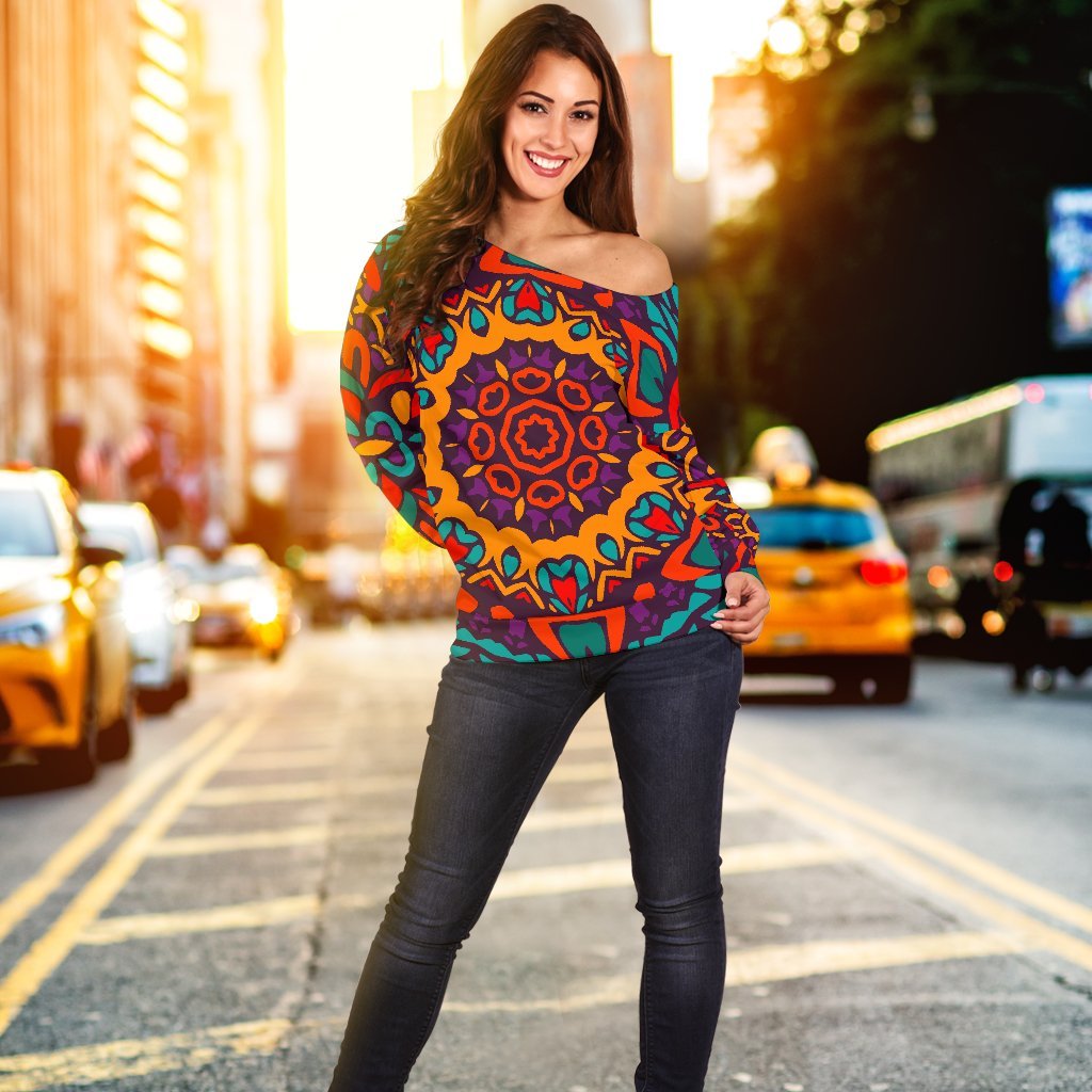 Bohemian Native Mandala Pattern Print Off Shoulder Sweatshirt GearFrost