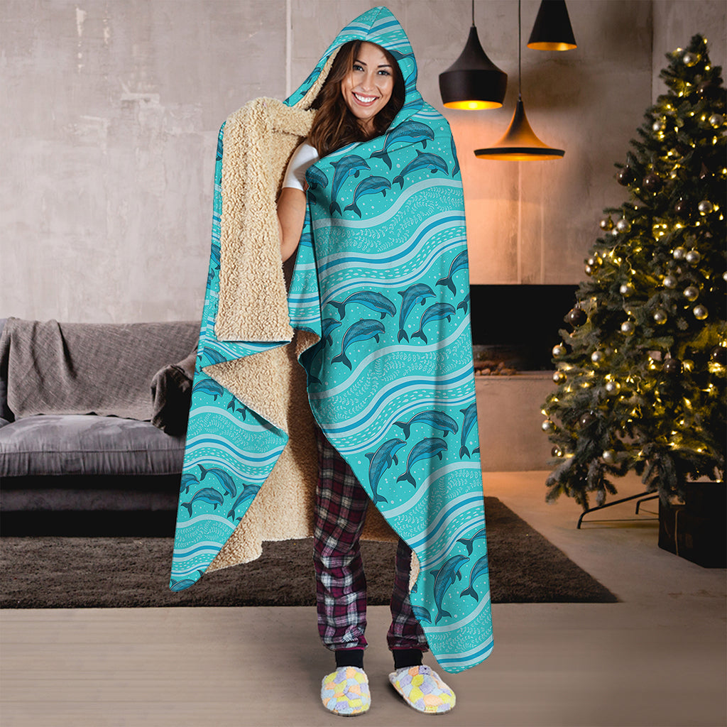 Boho Dolphin Pattern Print Hooded Blanket