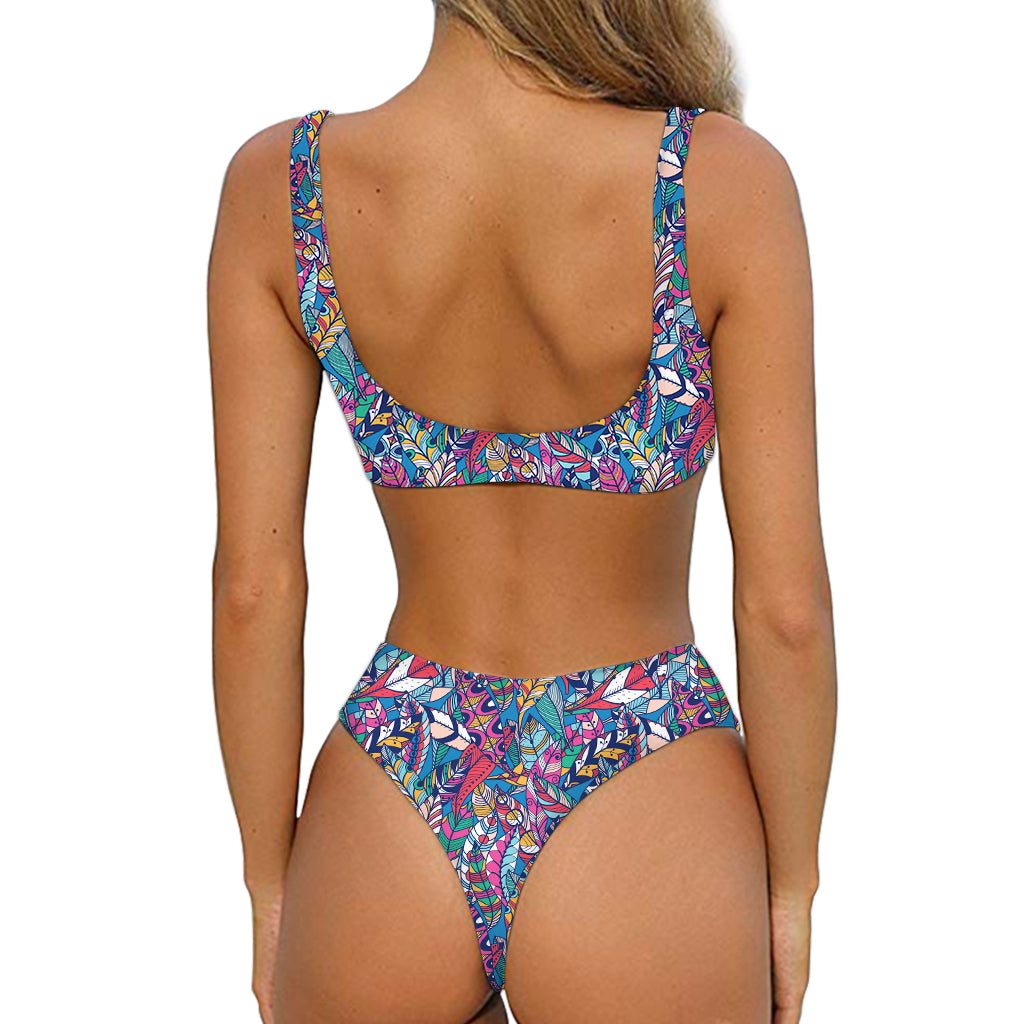 Boho Feather Pattern Print Front Bow Tie Bikini