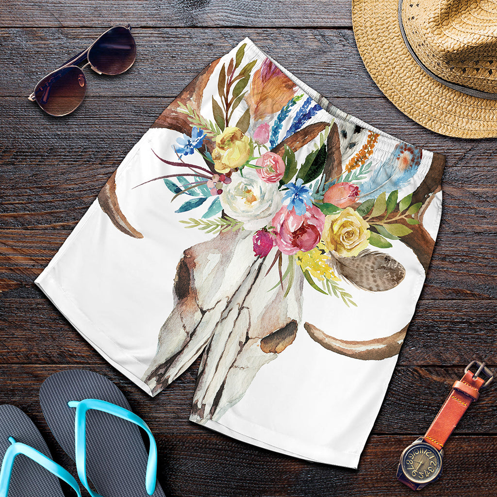 Boho Floral Deer Skull Print Men's Shorts