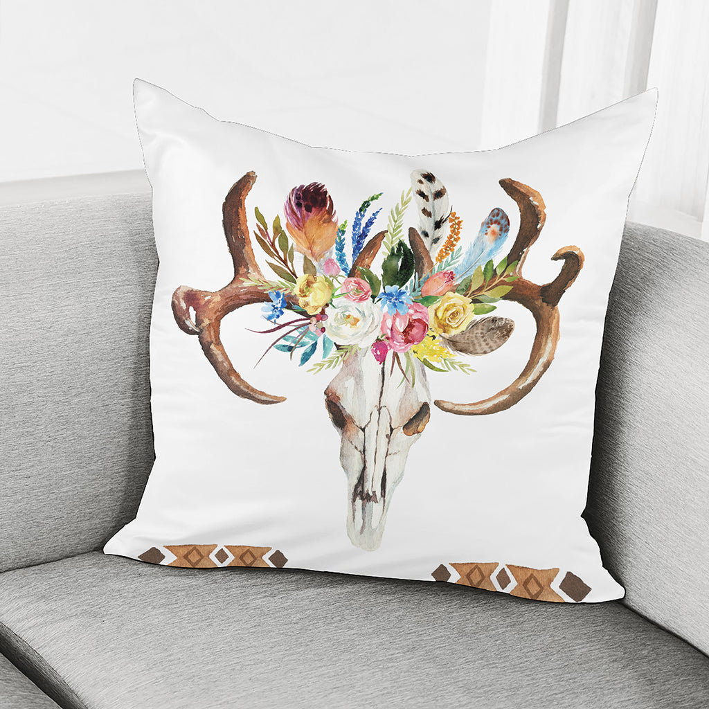 Boho Floral Deer Skull Print Pillow Cover